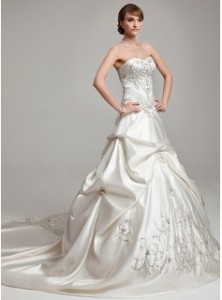 Ball gown sweetheart cathedral train satin wedding dress with embroidery ruffle beadwork